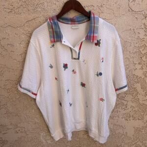 Vintage Koret White Polo Shirt Denim Plaid Collar 3D Embroidered Flowers Size 2X
